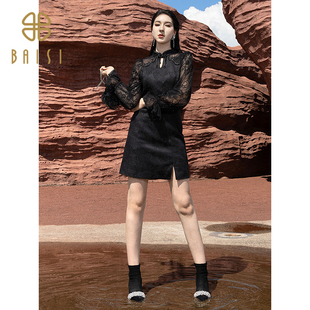 2025冬季新品百丝新中式立领收腰A字晚礼服裙时尚喇叭袖连衣裙女