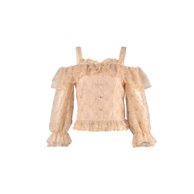 百丝复古风情一字肩衬衣2024夏季新品荷叶边仙女气质五分袖上衣女