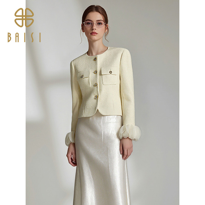 2025冬季新品百丝名媛上衣气质圆领千金小香风长袖短款休闲外套女