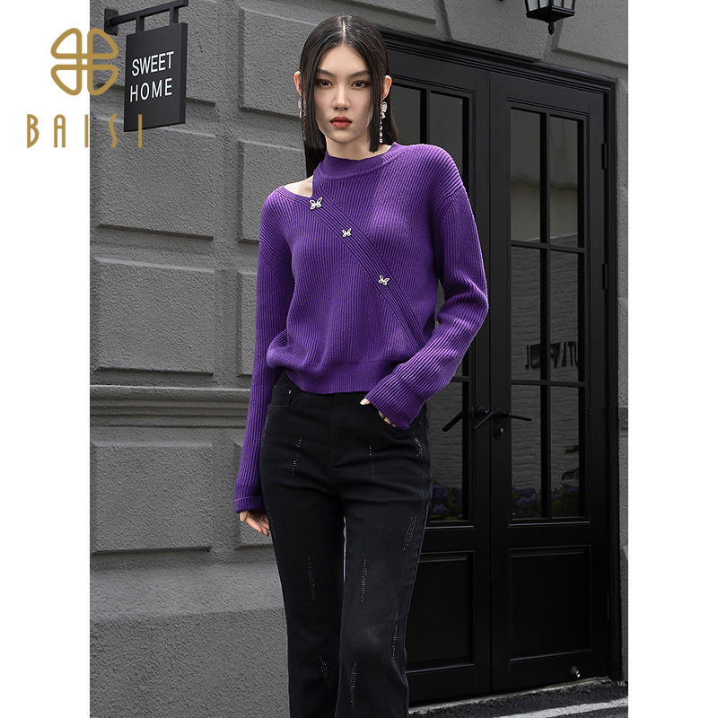 2025秋季新品百丝针织毛衣通勤镂空斜肩舒适简约套头长袖上衣女