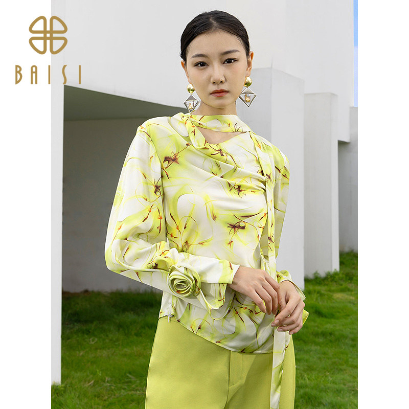 2026春季新品百丝设计感飘带压褶印花衬衣抽象艺术立体花朵上衣女图片