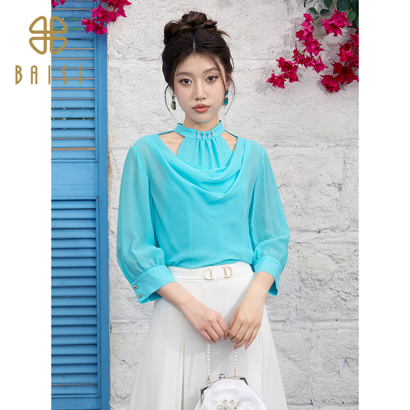 2025秋季新品百丝早秋长袖立领衬衫休闲日常气质法式显瘦上衣女