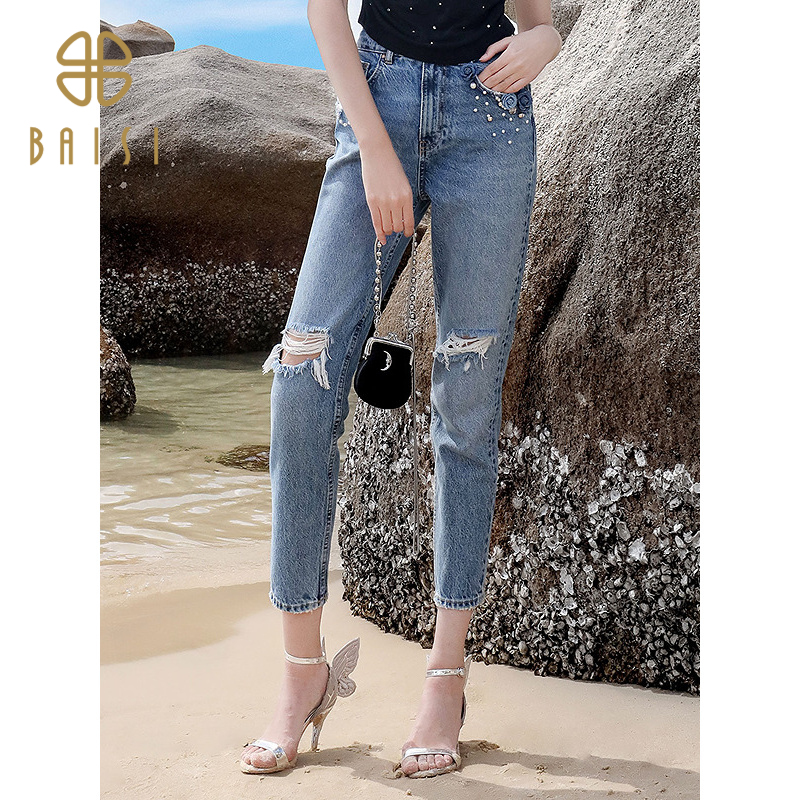 2025夏季新品百丝时尚休闲钉珠立体花长裤设计感休闲破洞牛仔裤女