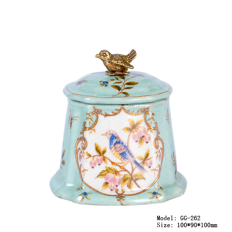 欧式新古典花鸟储物罐纯铜手绘陶瓷牙签盒居家送礼别墅卧室首饰