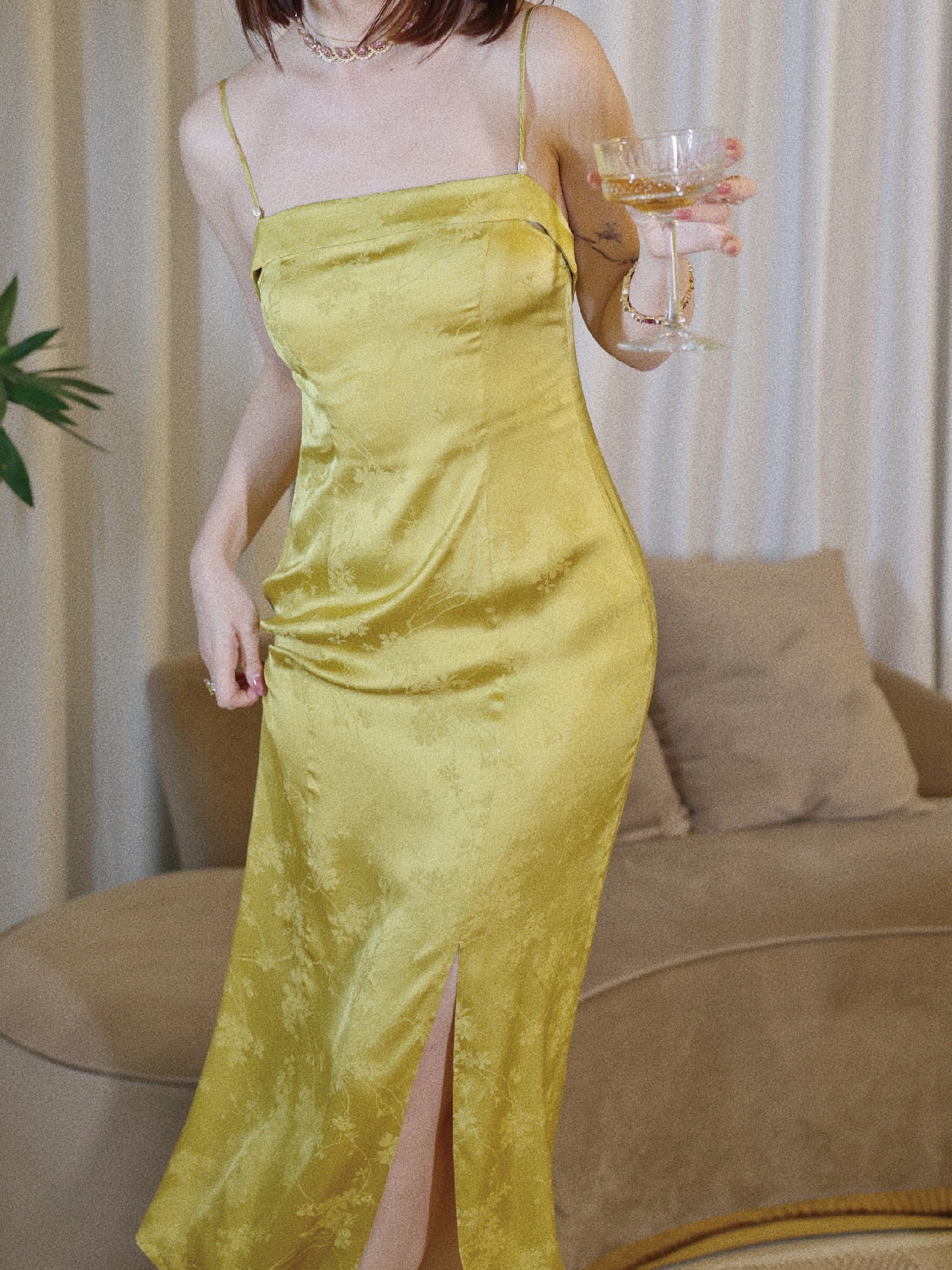 法式小众一步裙铜氨丝暗纹印花