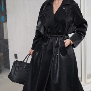 sibleu法式 小众设计lesbonbons系列翻领宽松系带pu皮高级风衣外套