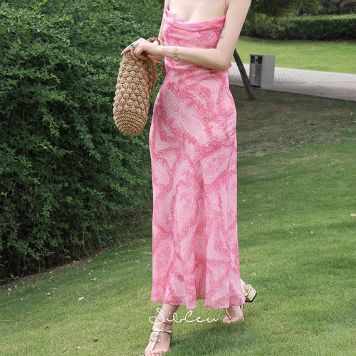 法式度假雪纺印花印花露背