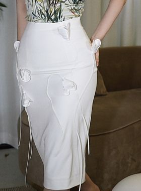 sibleu法式小众设计立体花朵拼接包臀开叉显瘦包臀半身裙