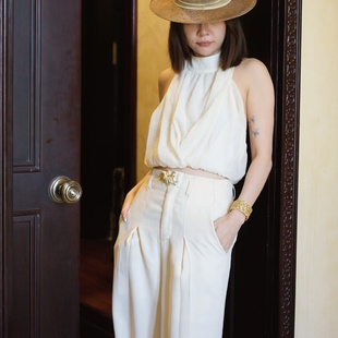 杏色度假挂脖褶皱网纱优雅露背上衣 sibleu2025原创设计法式