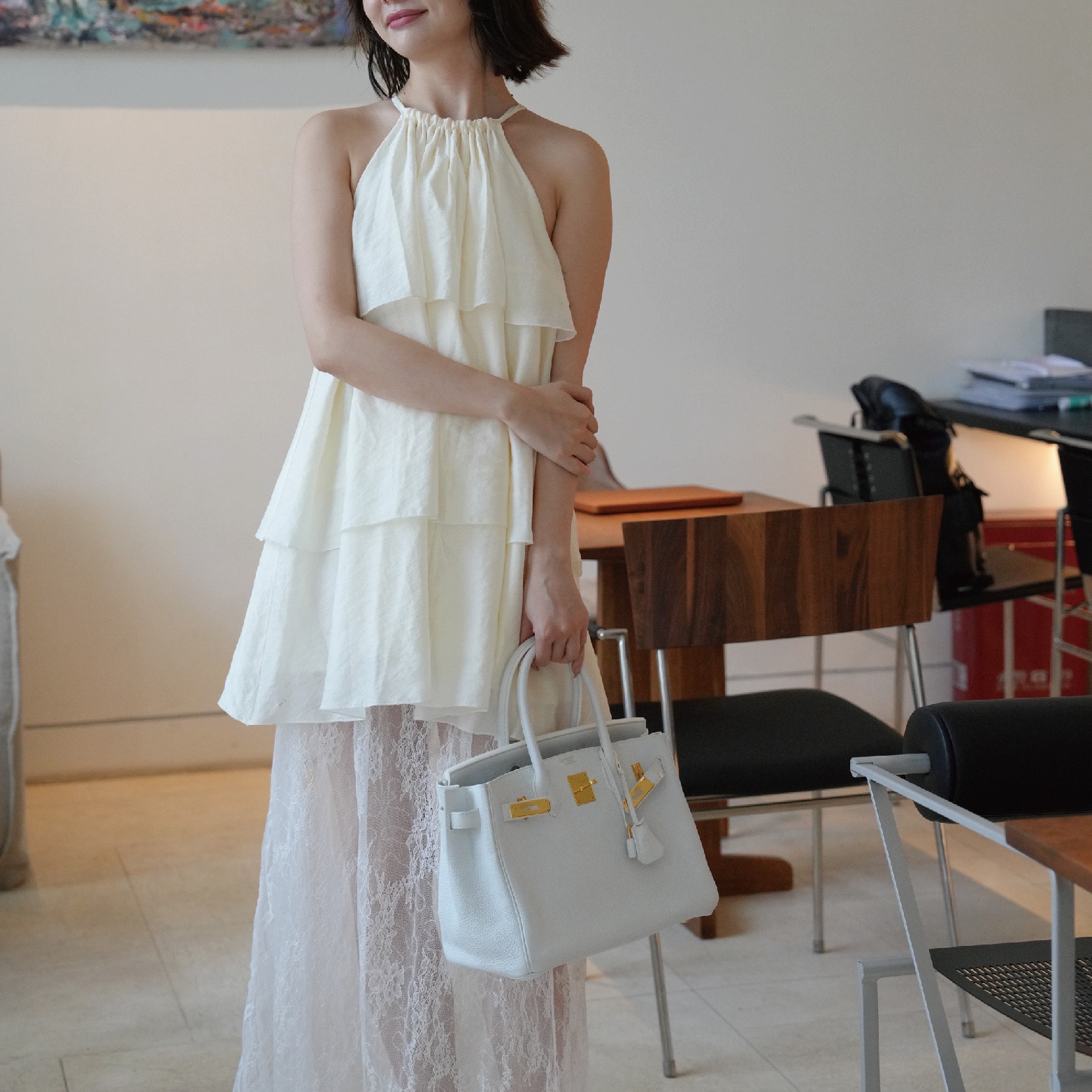 sibleu法式度假挂脖系带鹅黄色套头显白高级约会温柔连衣裙