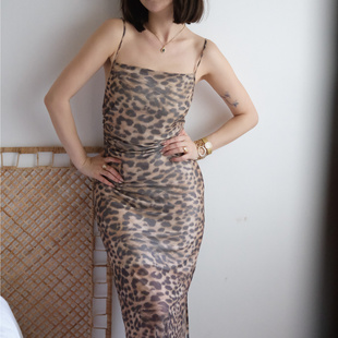 sibleu法式 原创设计豹纹网纱露背绑带显瘦弹力优雅露背吊带连衣裙