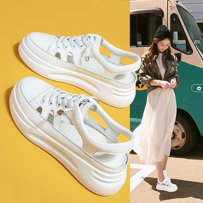 真皮~包头小白鞋女厚底女鞋镂空