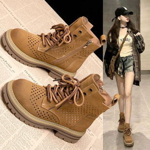 真皮镂空马丁靴短靴靴子女女款2026新款棕色女靴厚底夏季透气爆款