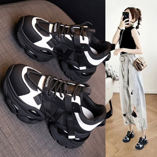 女款 网红超火增高黑色显脚小运动鞋 秋冬 女2025新款 真皮厚底老爹鞋