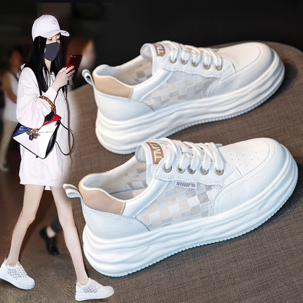 真皮夏季新款女厚底爆款超火网面透气小白鞋2025舒适轻便薄款百搭