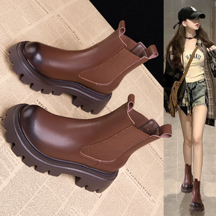 真皮马丁靴女短靴棕色靴子2025新款厚底切尔西靴女款爆款冬季冬天