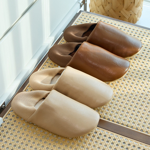 皮面两穿包跟棉拖鞋防水木地板静音防滑女款冬季保暖月子鞋软底男