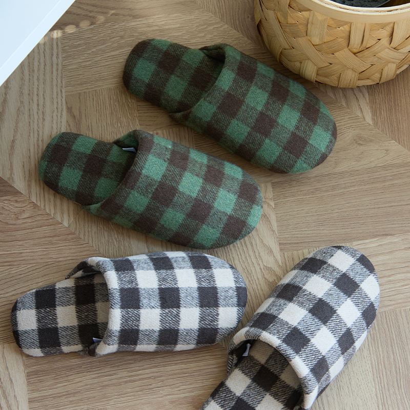 日式静音无声棉拖鞋木地板女冬季保暖格子简约情侣家居室内布底男