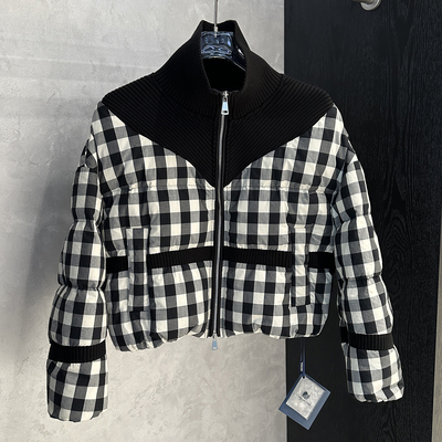90白鸭绒针织领格子短款羽绒服女