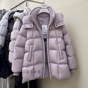 95白鸭绒针织领中长款连帽加厚羽绒服女2025冬季新款专柜正品外套