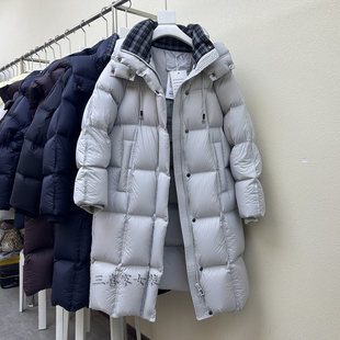 格子拼接95白鸭绒中戏长款过膝羽绒服女2025冬季新款北方保暖外套