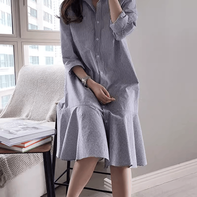 POLO领单排扣荷叶边长袖直筒裙2024春夏宽松细条纹连衣裙鱼尾裙女