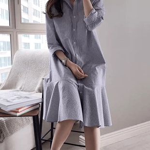 POLO领单排扣荷叶边长袖直筒裙2024春夏宽松细条纹连衣裙鱼尾裙女