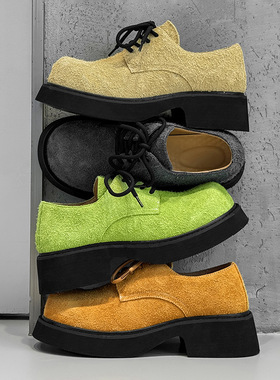 设计感小众英伦风休闲皮鞋长毛苹果绿 柠檬黄 黄色 灰色