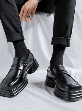 乐福鞋男春秋新款厚底复古英伦小皮鞋方头粗跟一脚蹬