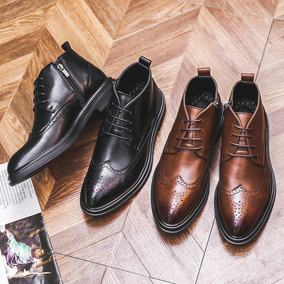 秋冬男士商务正装短靴高帮鞋子拉链切尔西男靴男尖头皮靴