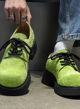 德比鞋圆头皮鞋黑色马丁厚底长毛苹果绿 柠檬黄 黄色 灰色