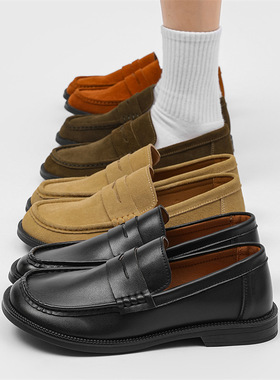 复古乐福鞋简约休闲一脚蹬男士皮鞋黑色 卡其 米色 红色