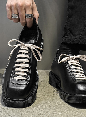 休闲方头德比鞋男鞋个性小从帅气英伦风黑色增高系带鞋