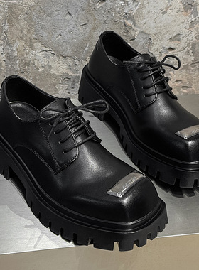 小众款休闲方头大头韩版潮流金属厚底英伦风增高鞋黑色