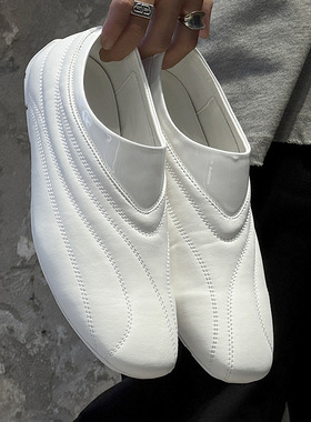 圆头套脚乐福鞋轻量德训鞋男女潮款通勤休闲极简平底白色