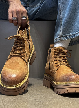 马丁靴男款英伦风工装厚底增高靴复古中帮男靴黄色 棕色