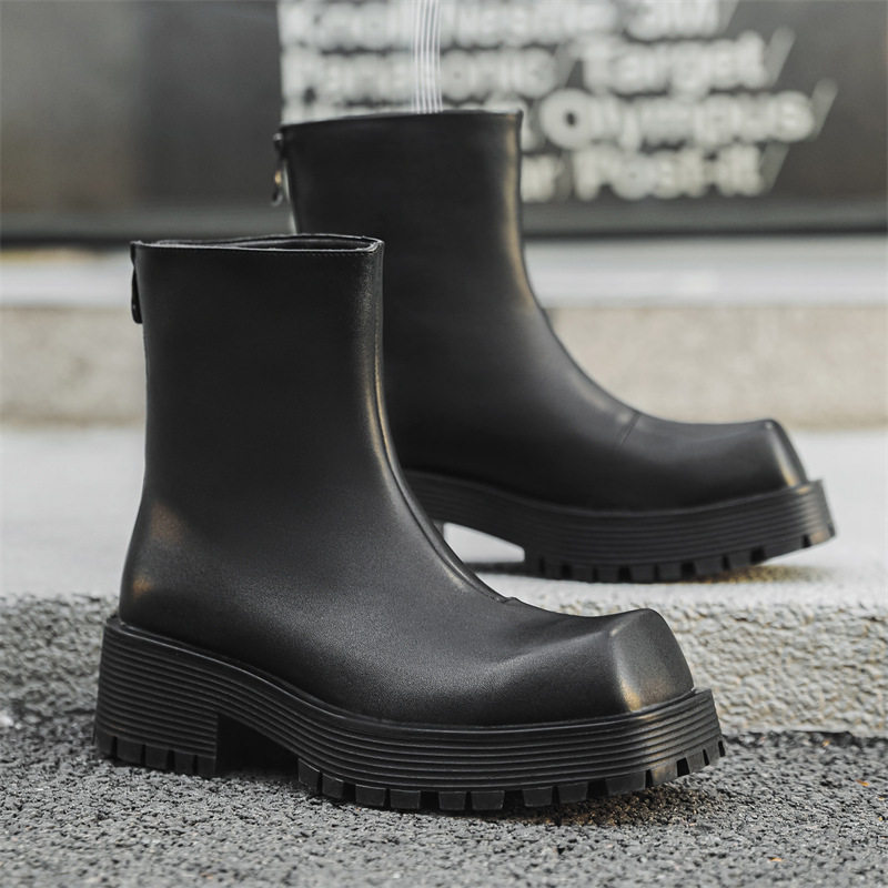欧美方头坡跟方头套筒马丁靴松糕烟筒靴切尔西潮靴男