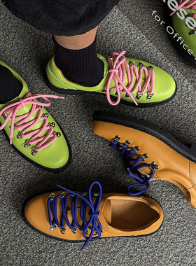 新款巴黎时髦圆头系带休闲风男士登山德比鞋潮驼色 绿色