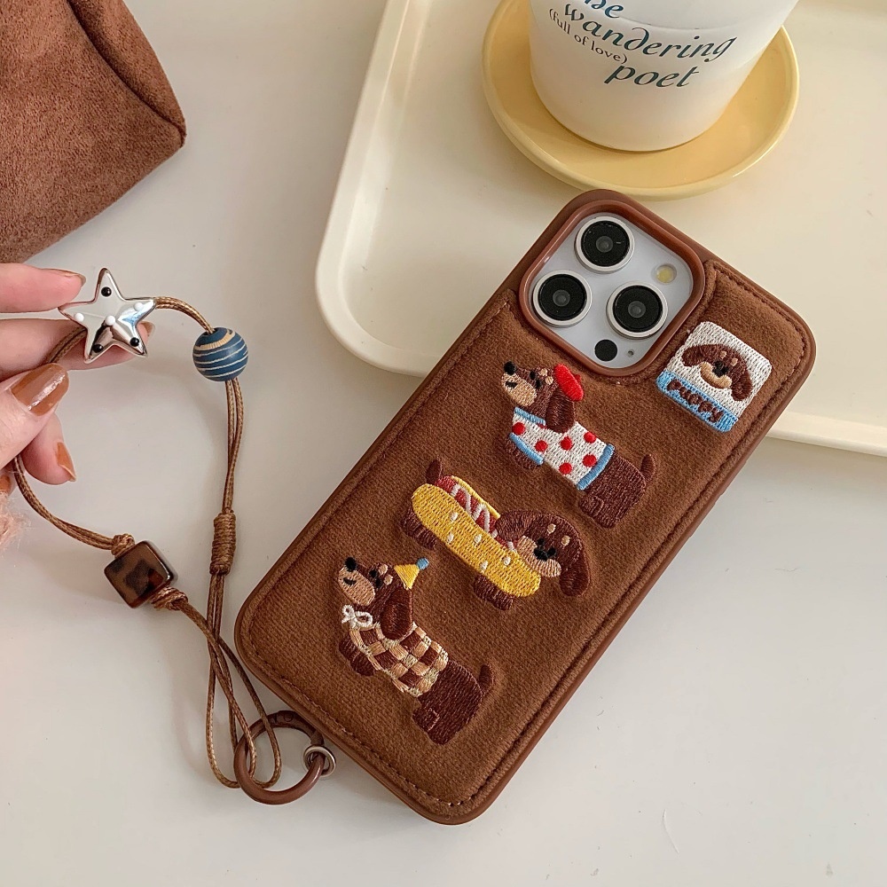 2025卡通刺绣腊肠狗手机壳适用苹果17/16PRO可爱挂绳iPhone15/14
