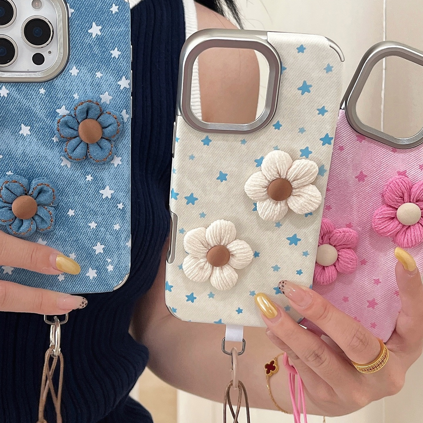 2025韩系ins牛仔皮花朵适用苹果17/16手机壳挂绳14/15保护套华为