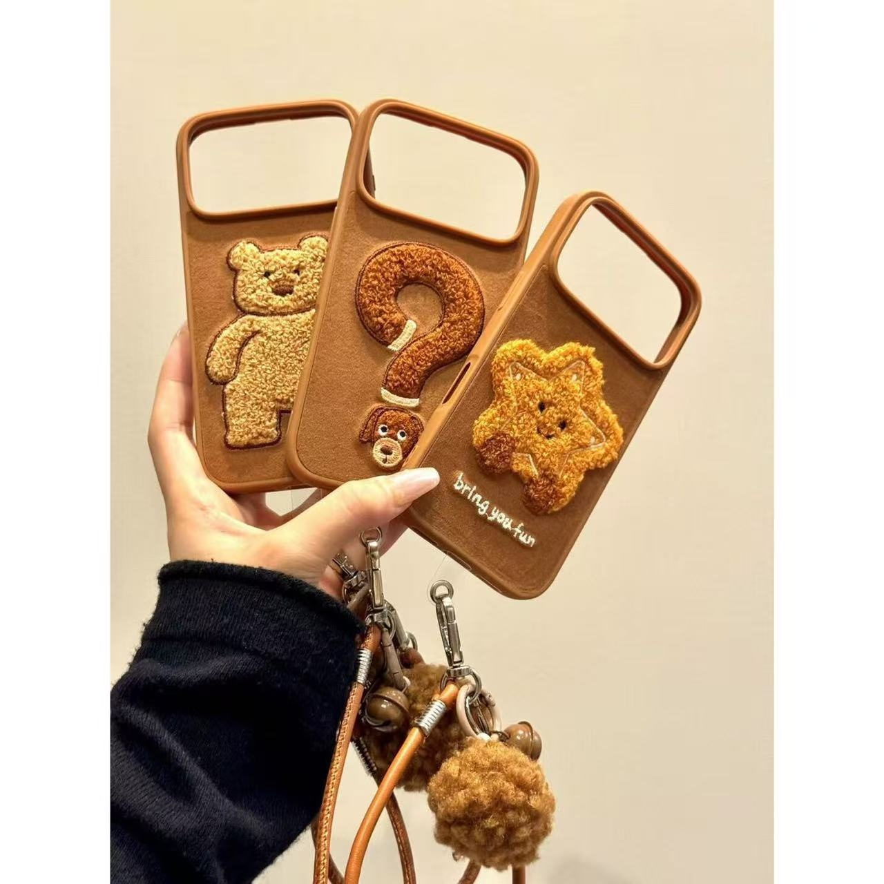 2025卡通棕底立体小熊五角星问号挂绳适用iphone17promax苹果16