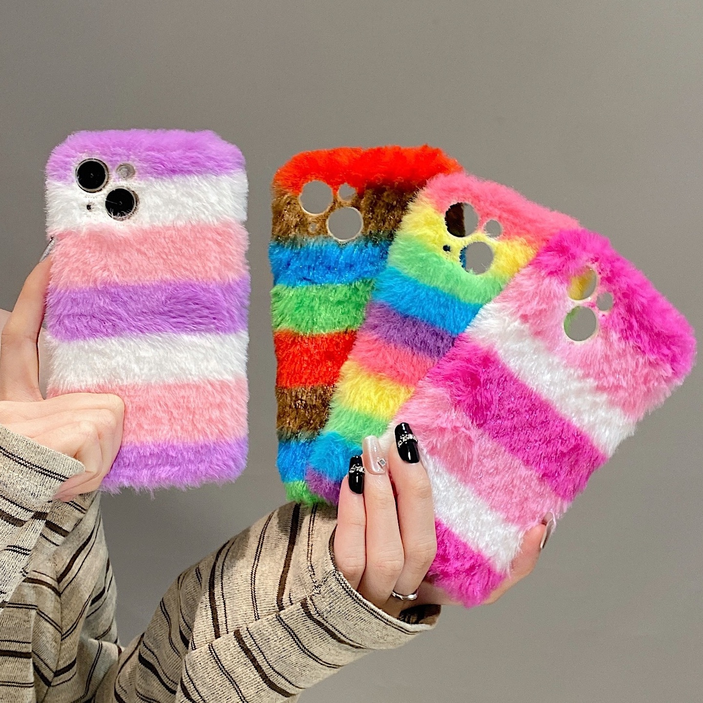 2025毛绒彩虹苹果17Promax手机壳vivoiqooz10turbo+女款一加13真