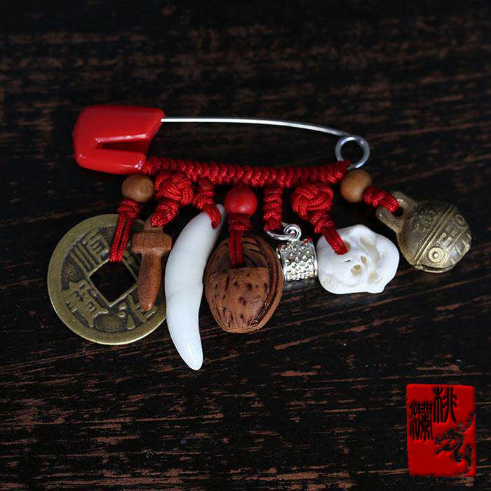 宝宝红绳别针挂件铜钱桃木剑狗牙桃篮银针箍猪惊骨铜铃朱砂推荐