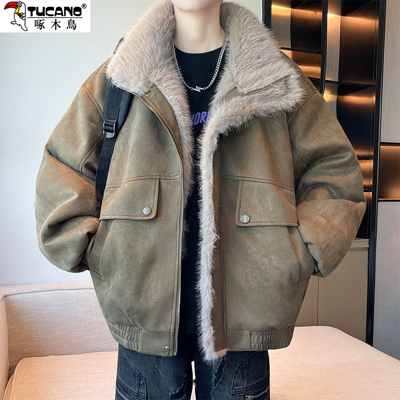 啄木鸟工装风大毛领棉衣男士加厚宽松派克服冬季加绒棉服外套上衣