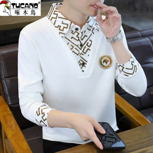 假两件翻领卫衣百搭潮 加绒加厚T恤秋冬打底衫 啄木鸟2026新款 男士