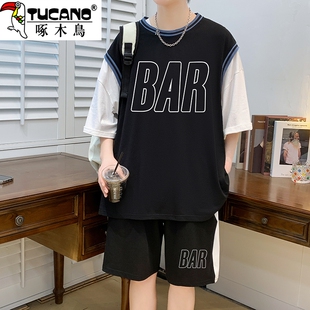啄木鸟夏季短袖t恤男青少年高中初中学生篮球服套装冰丝速干球衣
