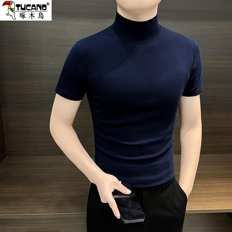 啄木鸟男士半高领短袖T恤修身打底衫西装内搭上衣T恤个性青年半袖