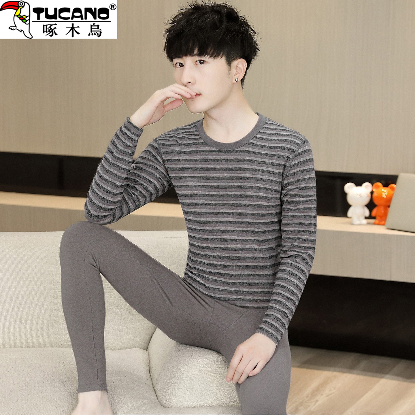 啄木鸟双面德绒秋衣秋裤保暖内衣冬季男青年大童学生线衣线裤套装