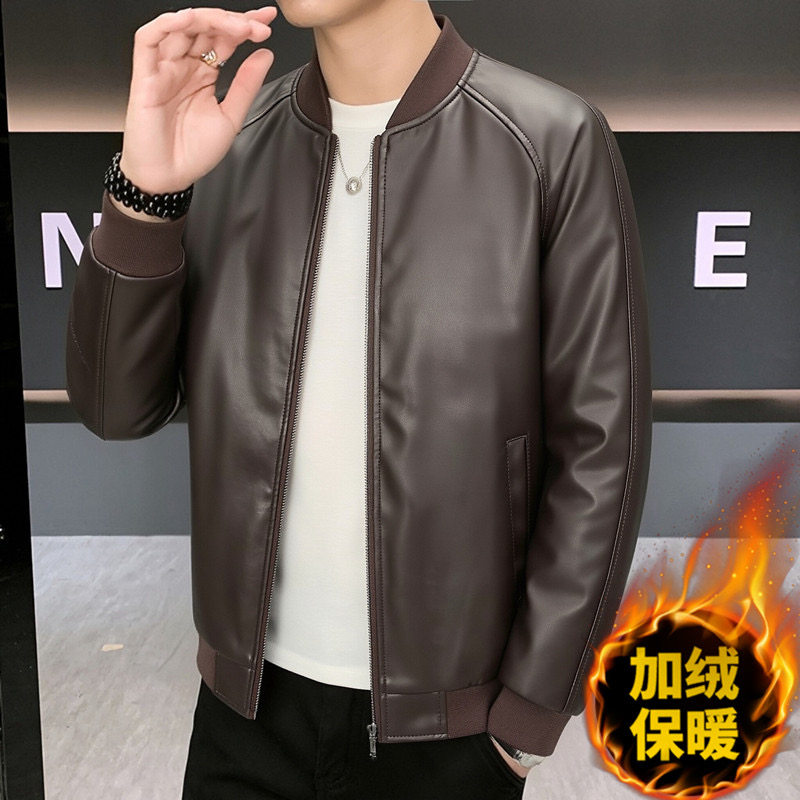 男士加绒加厚夹克皮衣立领拉链机车服潮百搭长袖外套秋冬保暖上衣