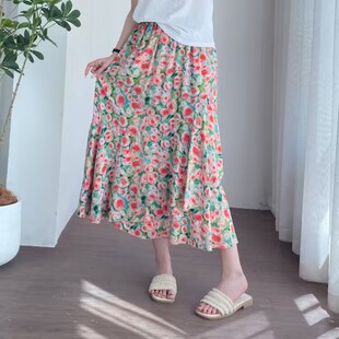 夏季女款棉绸人造棉碎花半身裙女高腰显瘦A字大摆中长款鱼尾裙